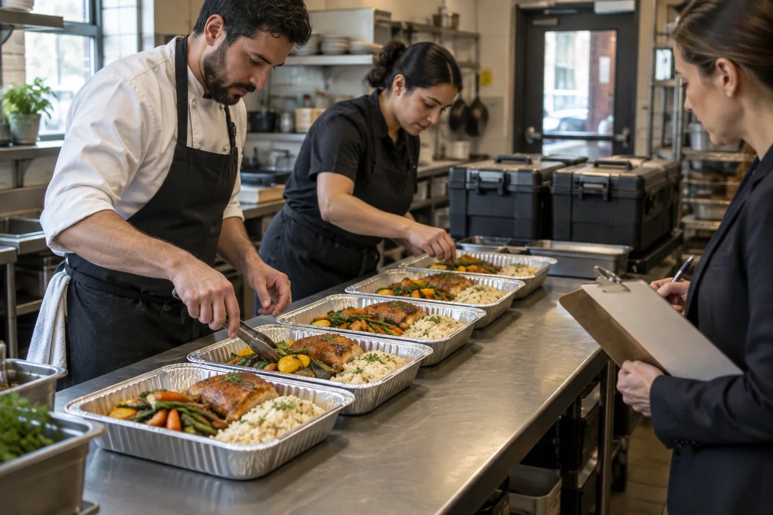 Equipa de restaurante a preparar porções para um evento enquanto a responsável confirma a encomenda
