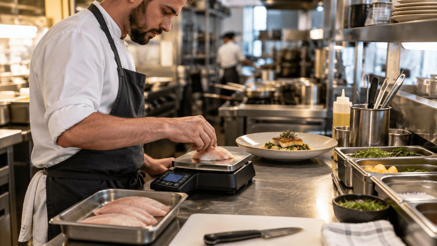 A chef weighing a fish portion on a kitchen scale during restaurant prep