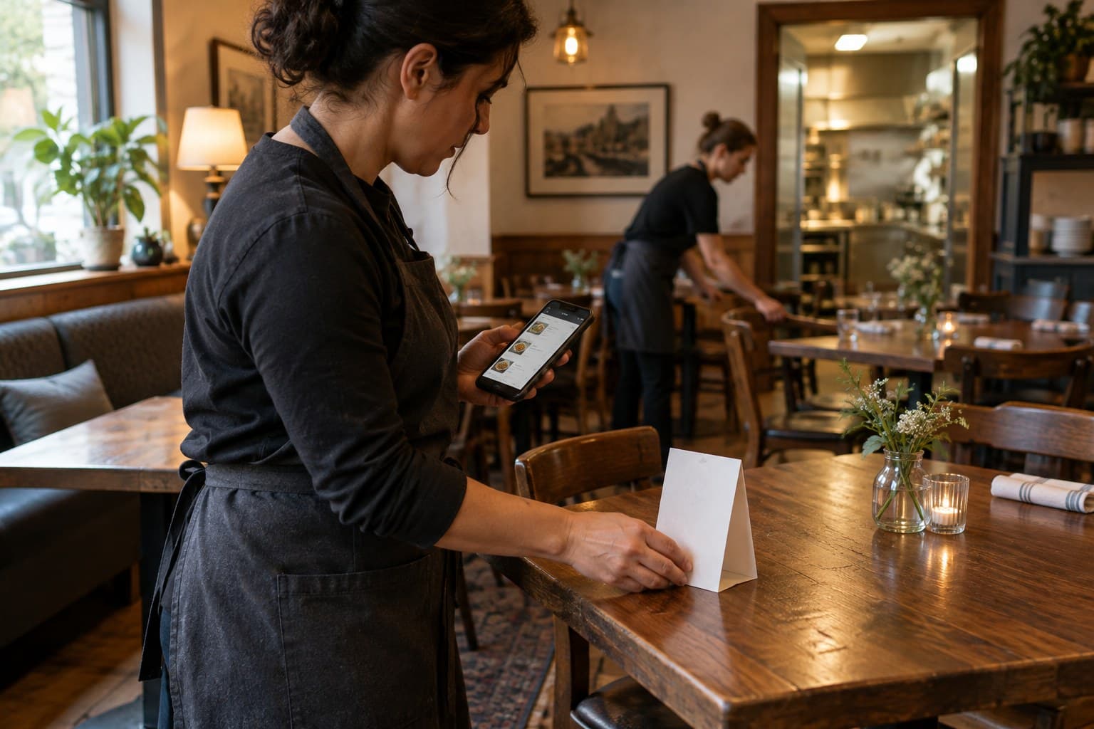 A restaurant manager checks the menu on a phone while setting a table tent before service